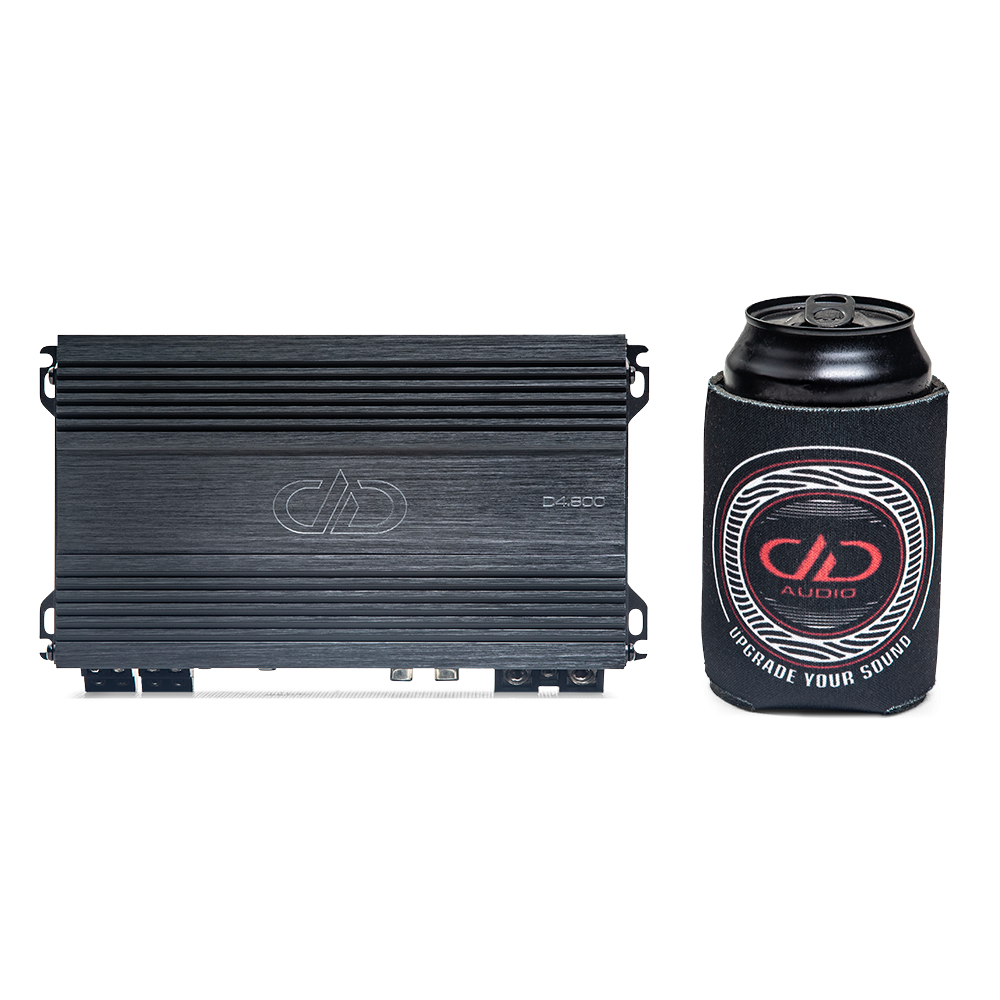 Photo of D4.800 showing full top plate with logo and model number besides a koozie for size comparison
