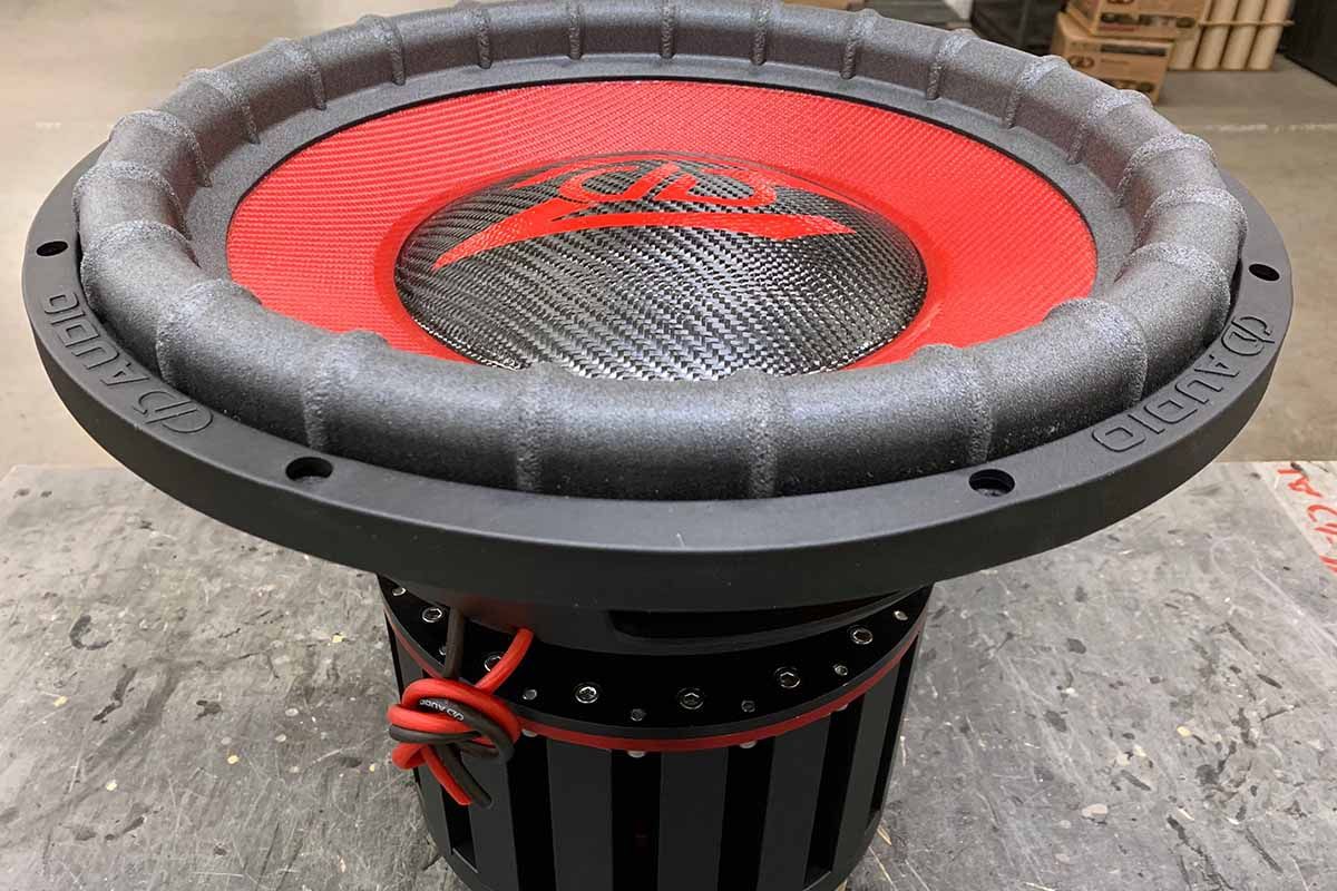 USA Made subwoofer with red cone, black carbon fiber dust cap and red DD Z logo