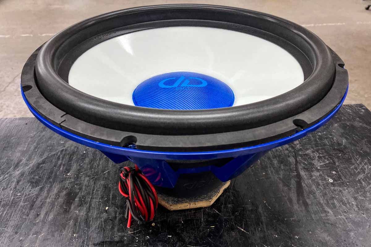 USA Made Subwoofer with electric blue powder coat basket, ghost cone and electric blue dust cap with light blue DDA logo