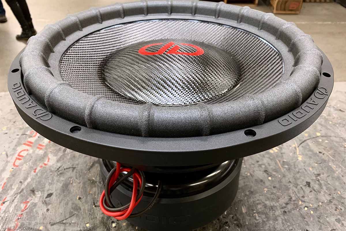USA Made subwoofer carbon fiber cone and dust cap with red DDA Logo