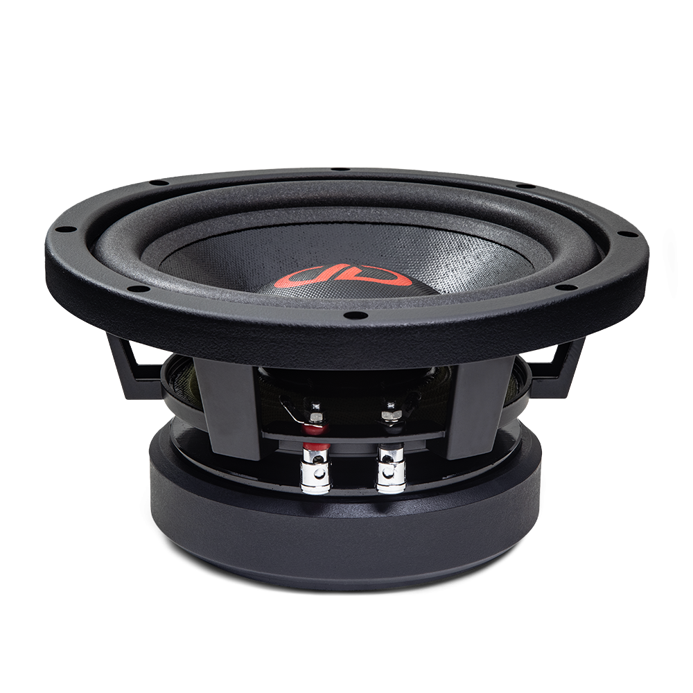 8 inch VO Series mid woofer with motor flat on surface, slightly angled showing surround cone and dust cap and logo
