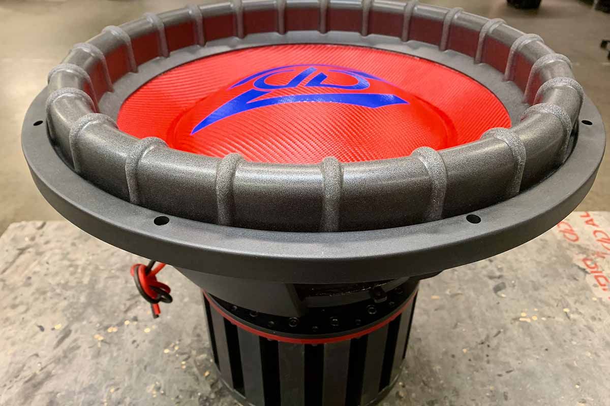 USA Made subwoofer with red cone, red dust cap, and blue DD Z logo