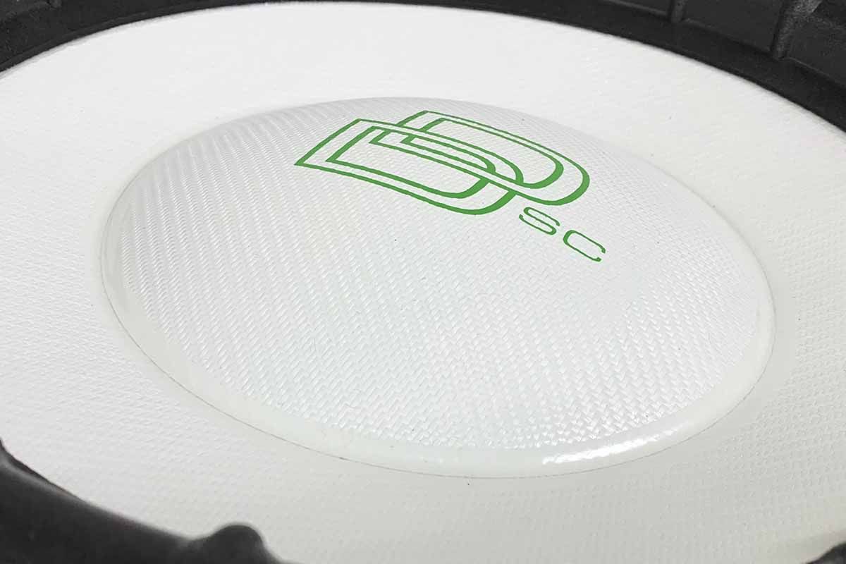 USA Made Subwoofer with white cone, white dust cap, green DD Classic Logo and green Super Charged decal