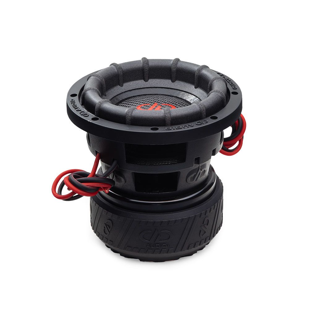 Photo of 1506a 6.5" subwoofer - top to bottom, showing ribbed surround, dustcap, logo, leads, basket and motor boot