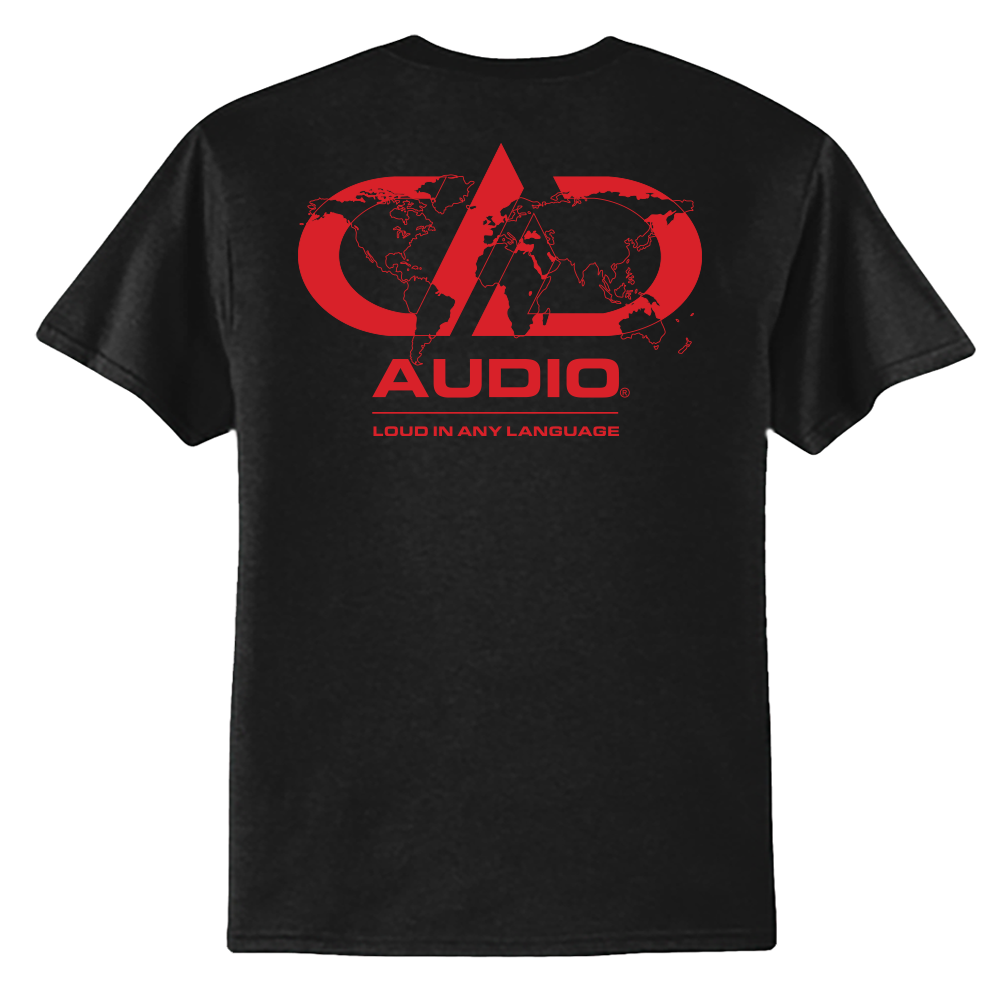 black t-shirt with red loud in any language print on back