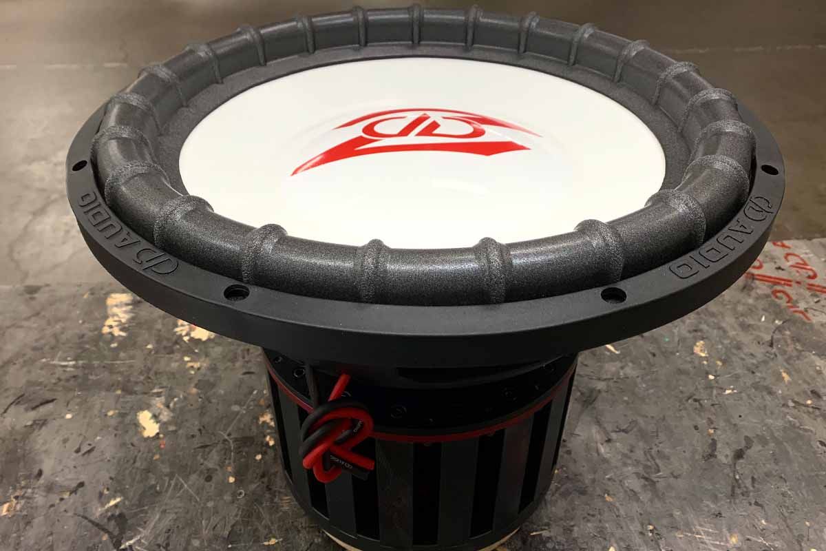 USA Made Subwoofer with white cone, white dust cap, and red DD Z Logo