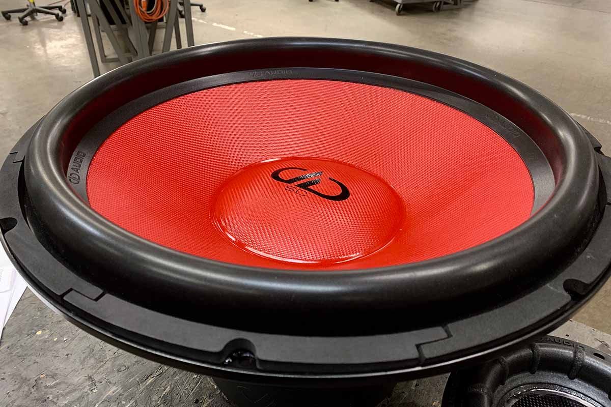 USA Made Subwoofer with red cone, red dust cap, black DDA logo and black Super Charged decal