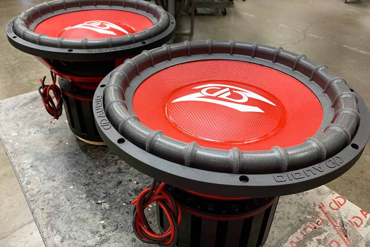 USA Made Subwoofers with red cones, red dust caps, and white DD Z logos