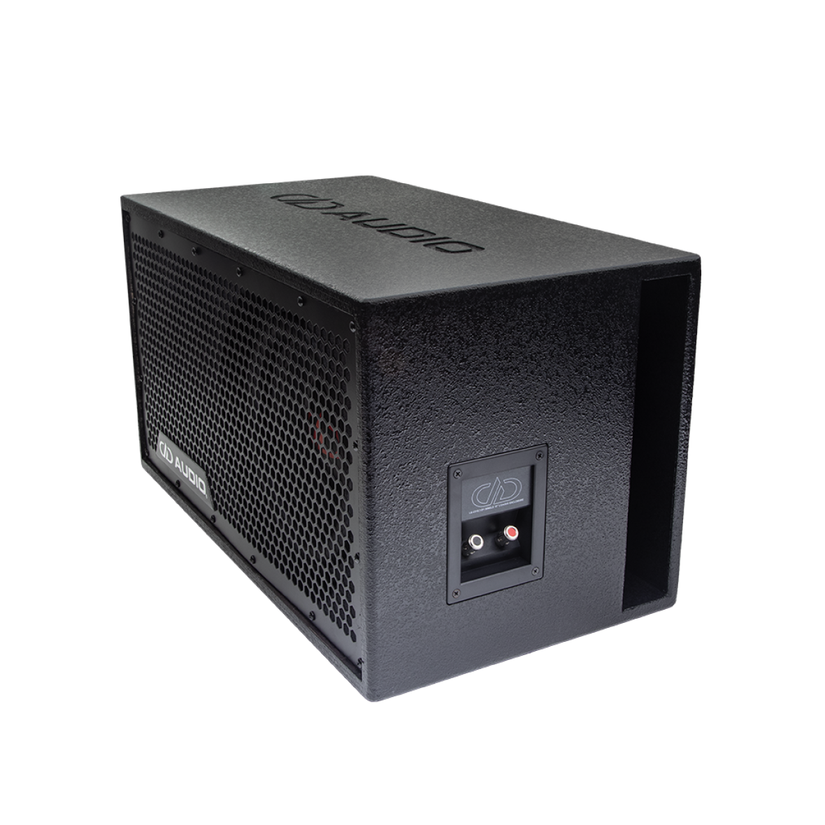 LE-C510.1 Photo angled to the left showing the full frame protective grill, the single 500 Series 10 inch subwoofer, the side firing port, and push connector panel