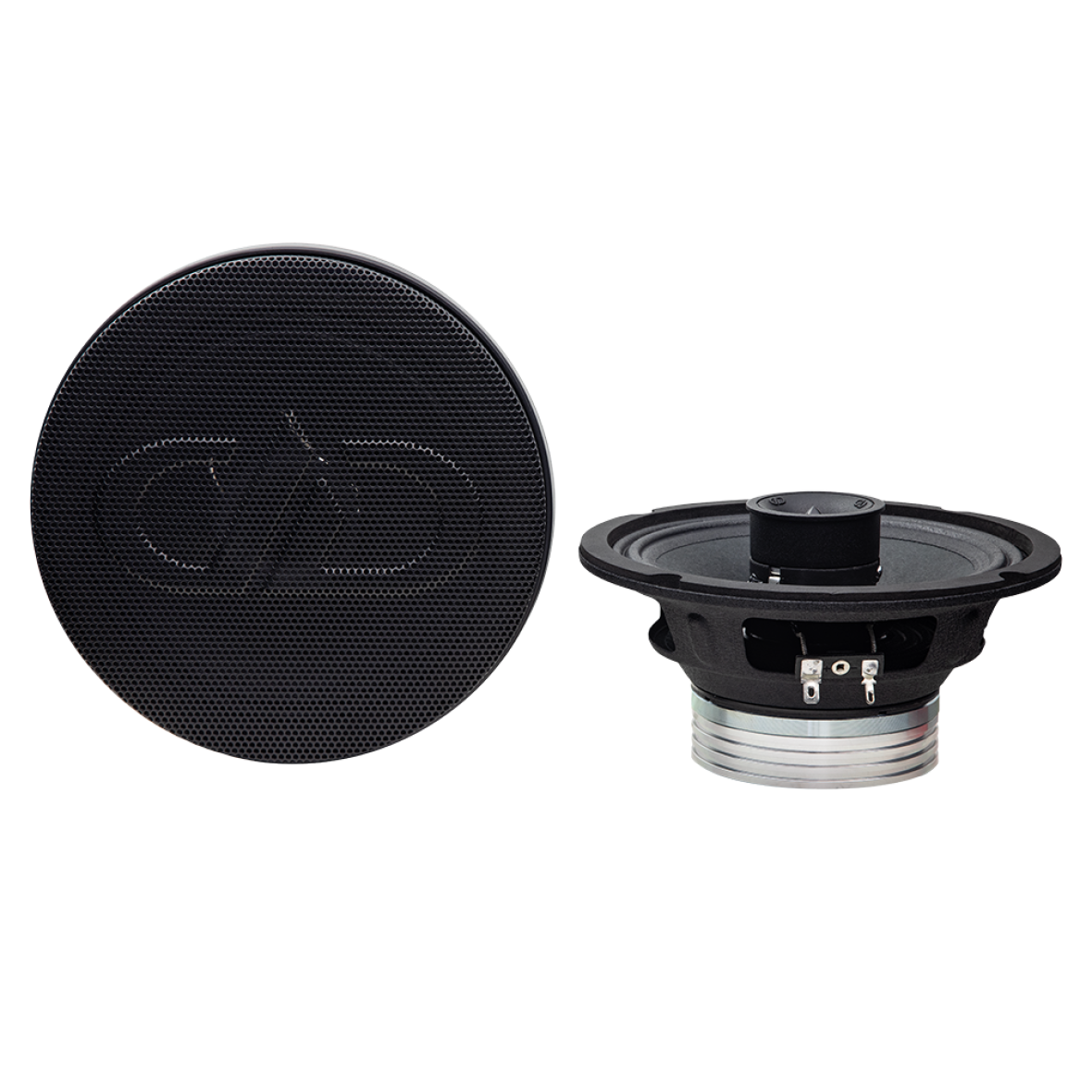 Photo of VO-XN306 pair, first facing front to show grill with embossed logo, the other top to bottom to show tweeter, basket and motor