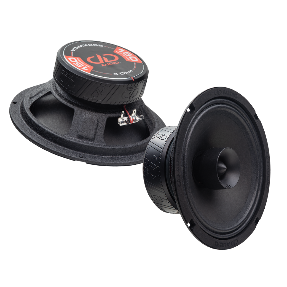 Photo of two VO-MX208s; one angled bottom up, to show the frame, motor, boot and backplate sticker - "VO-MX208, 4 Ohm, 150 Watts RMS, DD AUDIO"; the other angled to show cone, dustcap, and part of motor