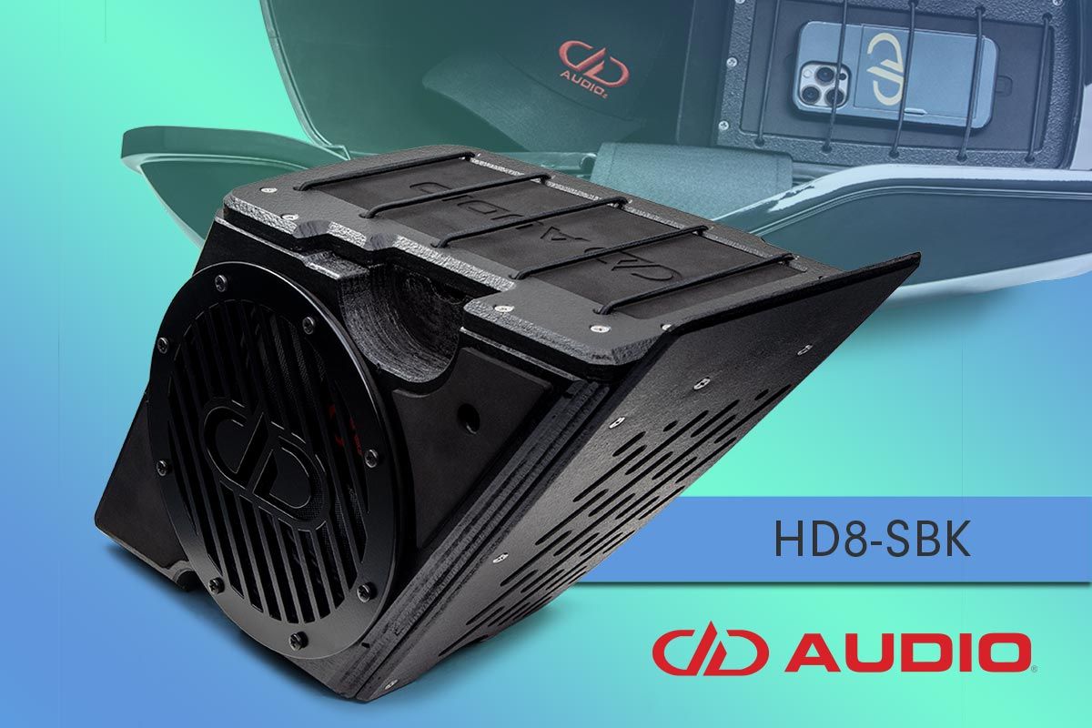 Photo and Graphic for HD8SBK Showing the enclosure kit outside of the bag and a in the bag from back to show speaker mounting