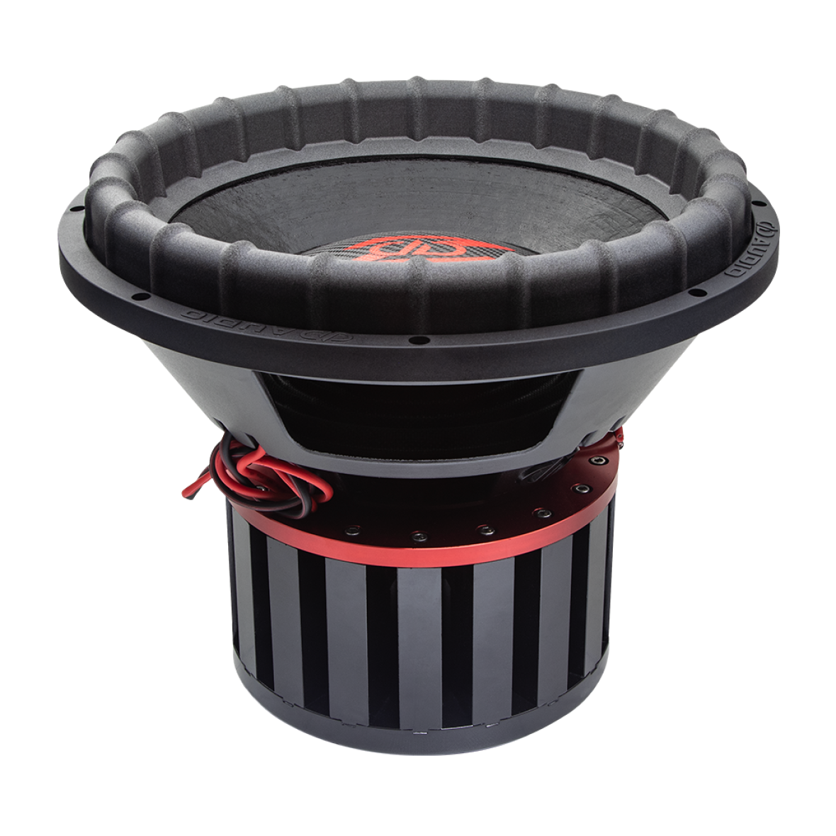 Photo of Z415 from top to bottom to show surround, part of cone, dustcap, and logo, the basket, red anodized aluminum top plate, neo pillar motor and leads