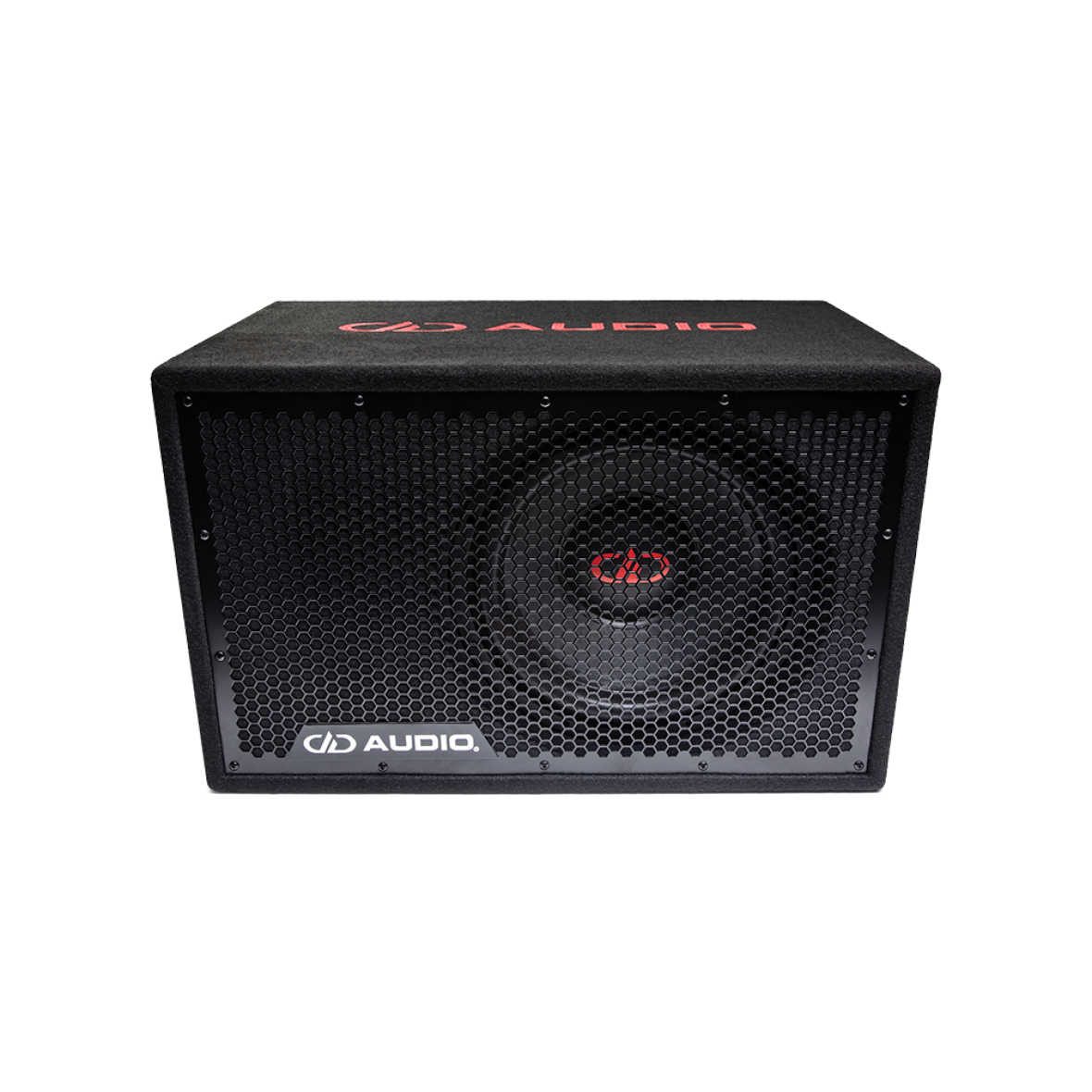 LE-512.1 Photo of the front face showing the protective full frame grill and single 500 Series 12 inch subwoofer, while back angle shows the top which includes an embroidered DD AUDIO logo