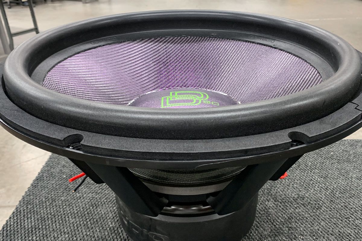 made in usa 21 inch 9900 subwoofer with amethyst purple cone and dust cap and lime green dd logo and supercharged logo