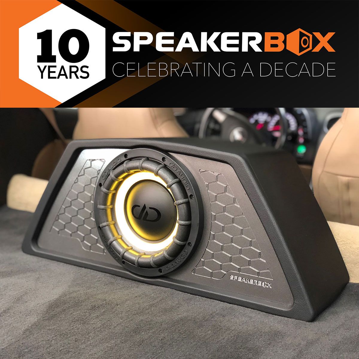 Dealer Spotlight - Speaker Box - Photo of Custom Enclosure with Logo and 10 Years in Business Mark