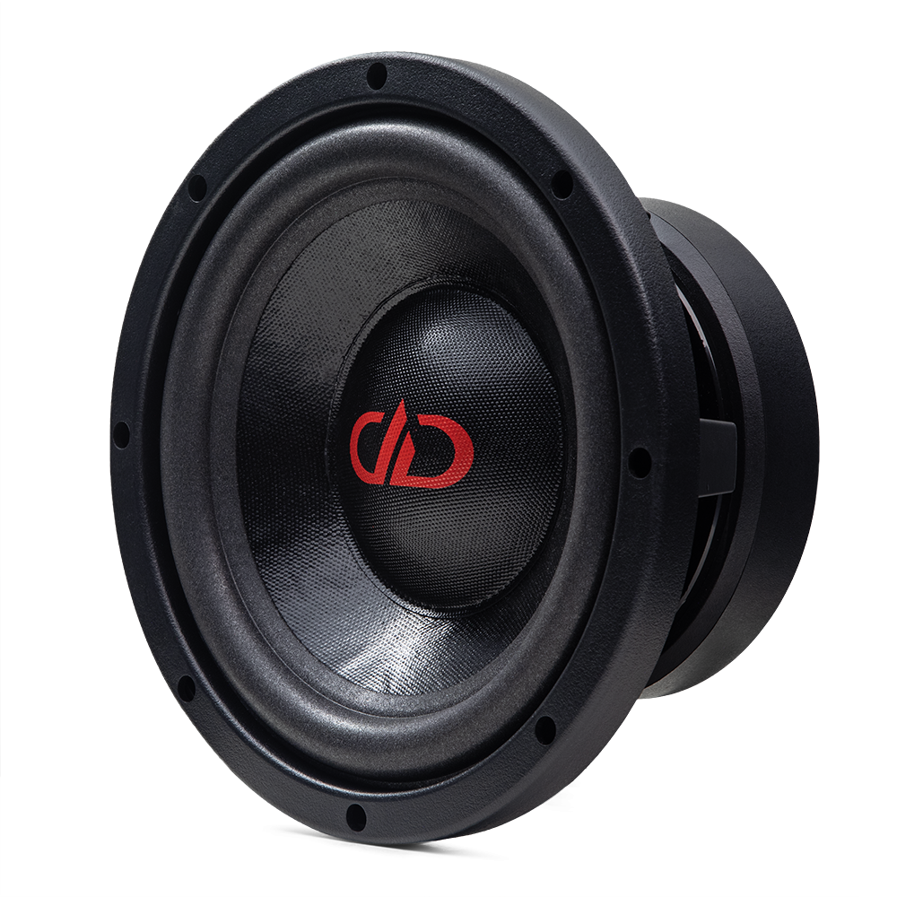 8 inch VO Series mid woofer angled right side showing dust cap, cone, surround, basket and motor