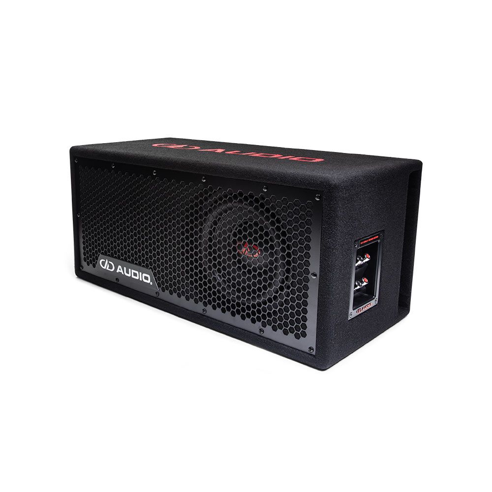 LE-508.1 Photo angled up and to the left showing the full frame protective grill, the single 500 Series 8 inch subwoofer, the side firing port, push connector panel and embroidered logo on the top of the box