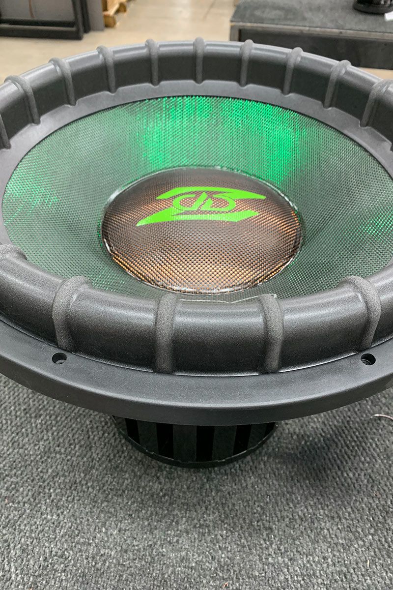 18 inch made in usa DDZ4 subwoofer with emerald green composite cone and copper orange dust cap with lime green ddz logo