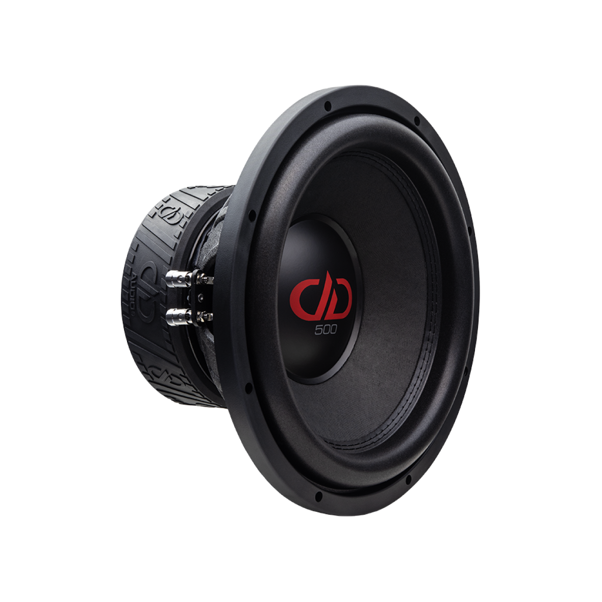 Photo of 512e Subwoofer angled front to back to show cone, dust cap, part of basket and motor