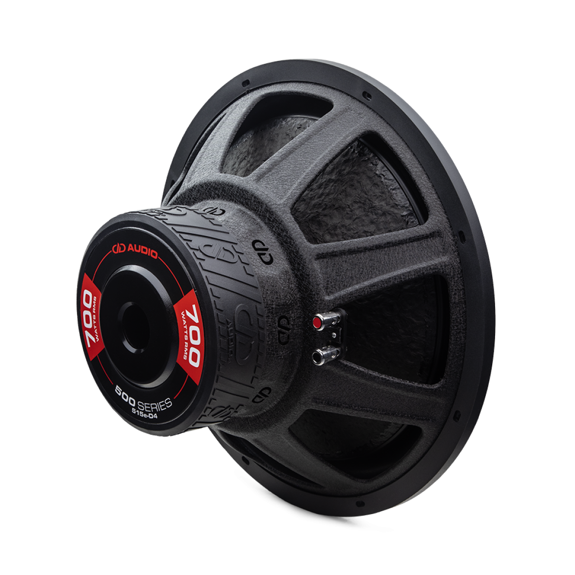 Photo of 15 inch 500 series subwoofer angled back to right to show motor, basket, and cone