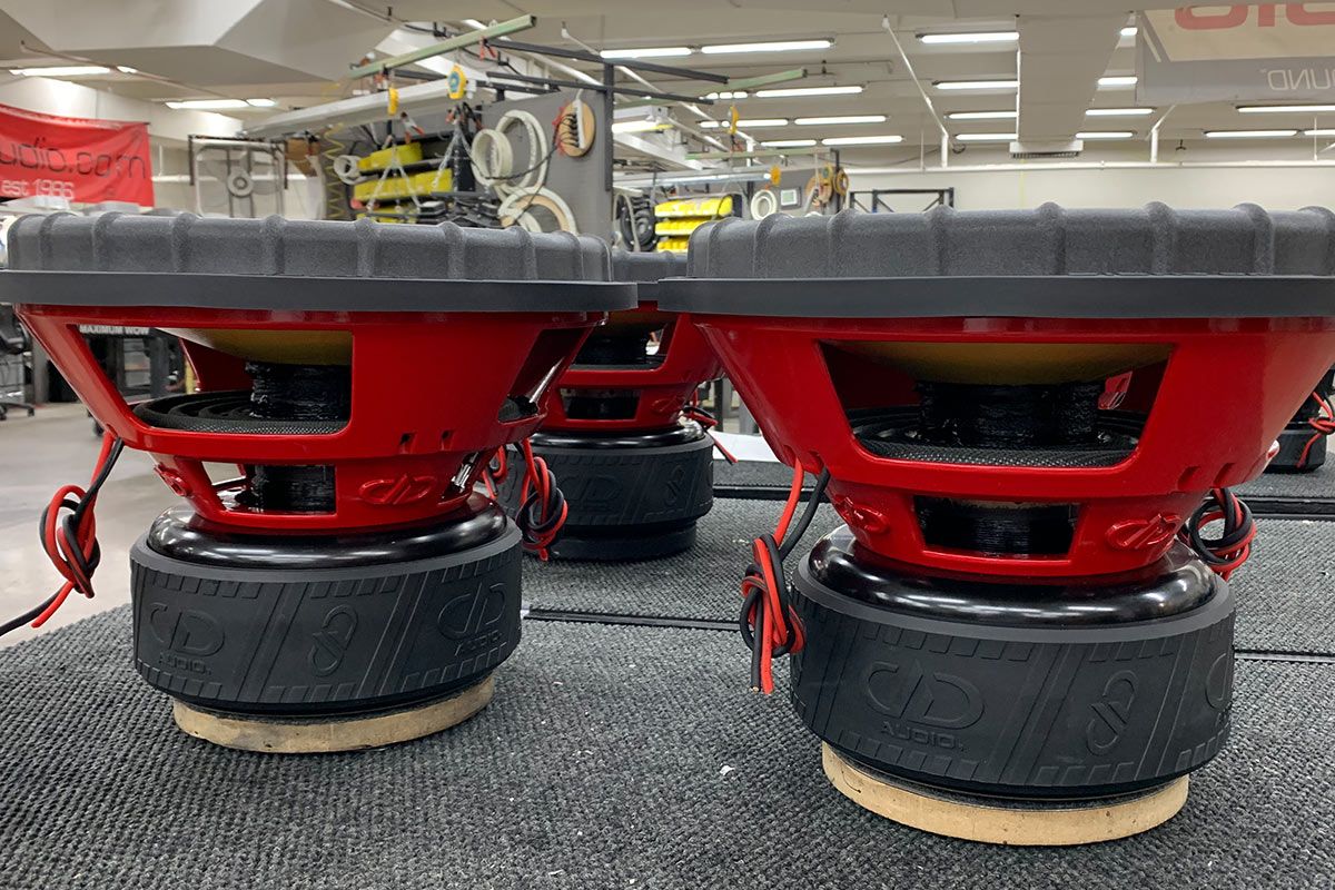 three 18 inch made in usa subwoofer with red powder coated frames