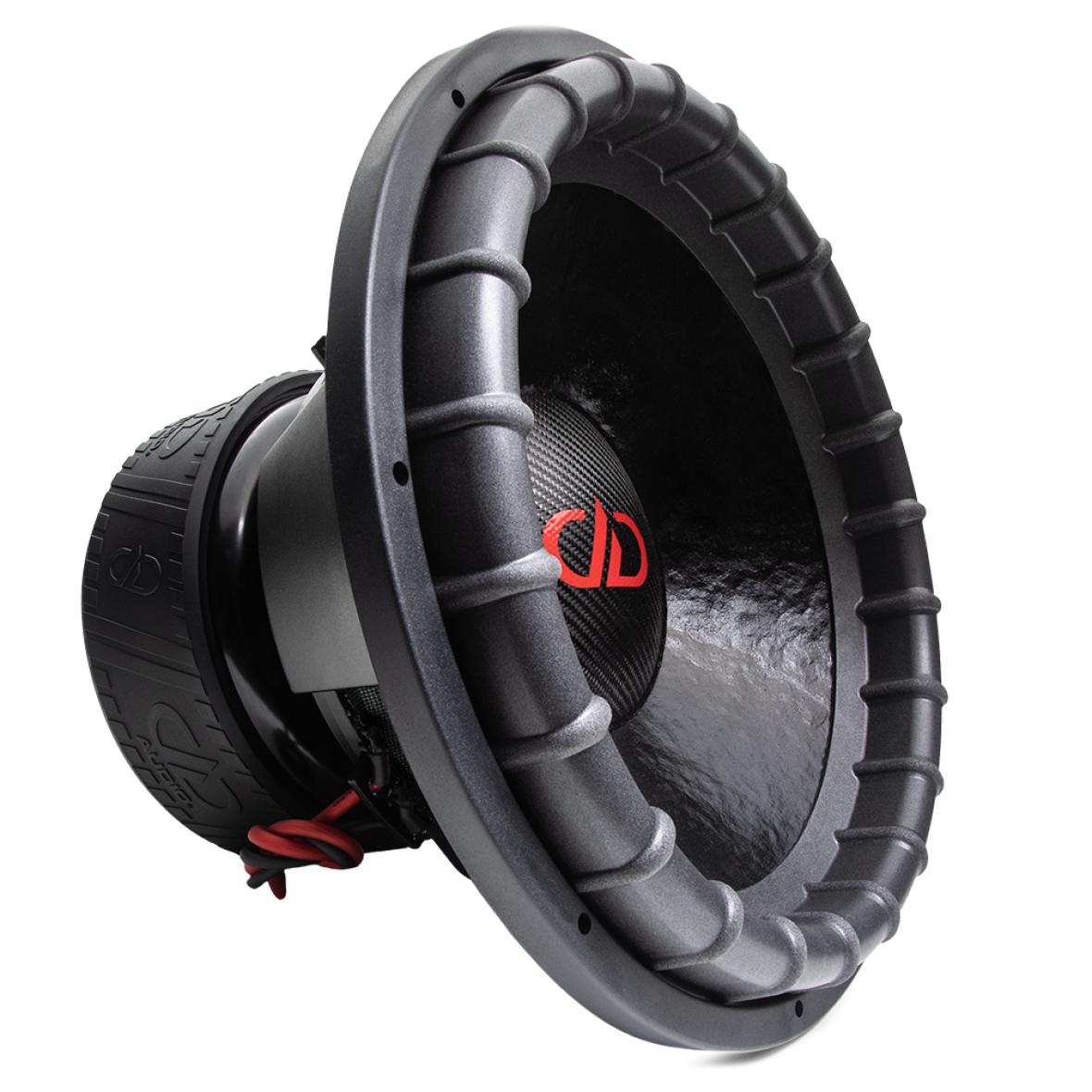 9918c - 18 Inch 9900 Series Subwoofer - Photo angled right to show left, including dustcap, surround, basket, and motor boot with DD AUDIO trademark adorning.