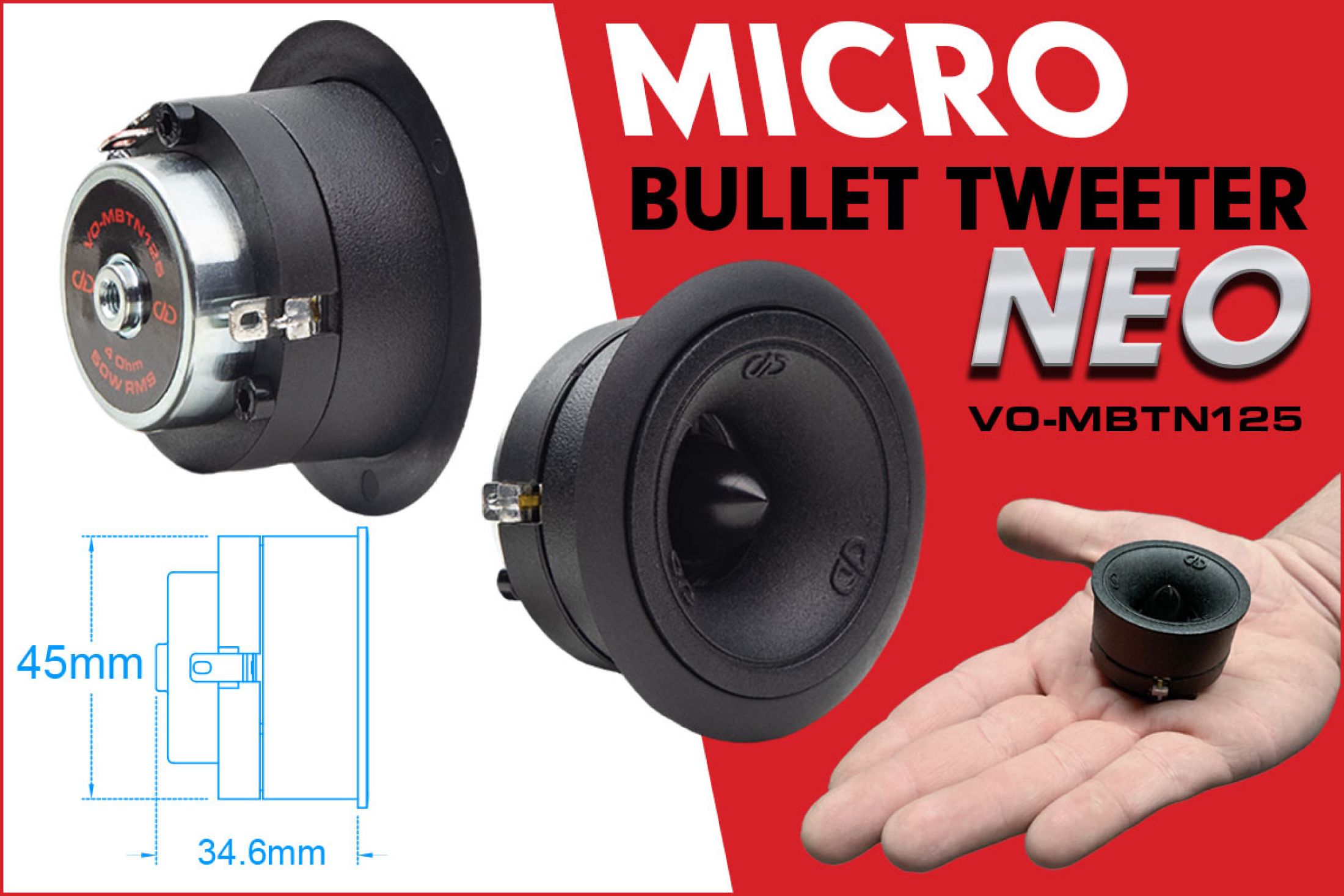 Graphic for "Micro Bullet Tweeter Neo" showing diagram with size (45mm x 35mm) and tweeter in palm of hang for reference