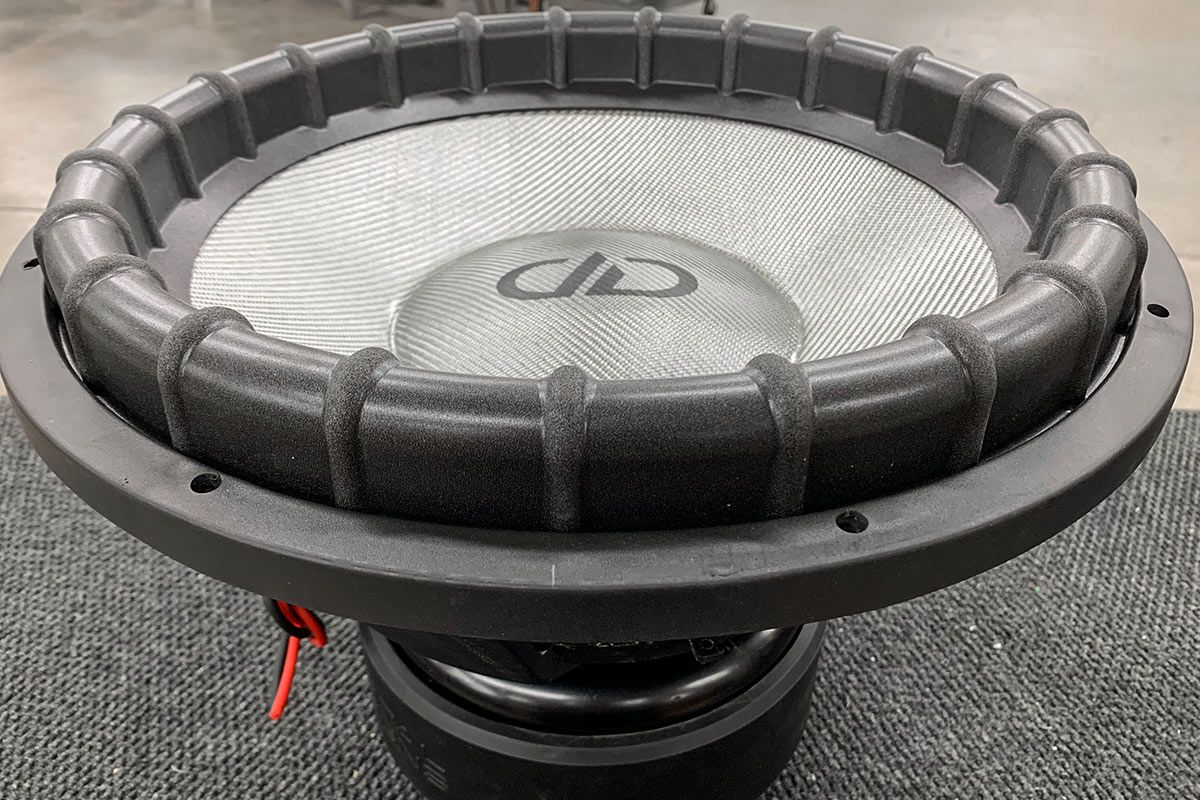 made in usa subwoofer with platinum silver composite cone and dust cap with flat black DD logo