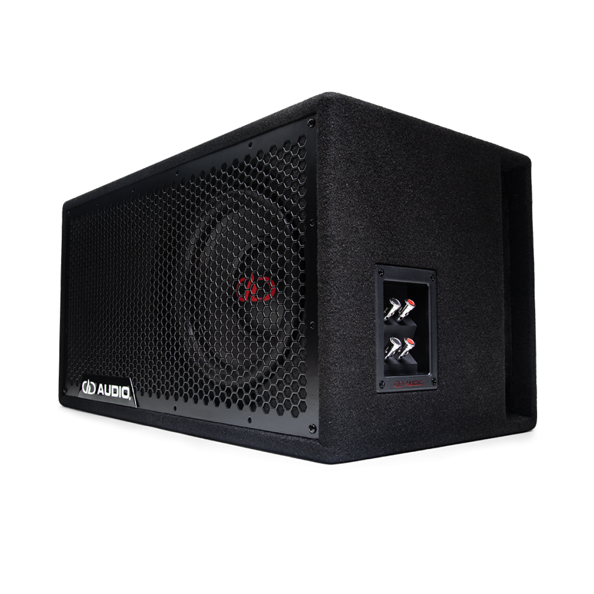 LE-510.1 / LE-310.1 Photo angled to the left showing the full frame protective grill, the single 500 Series 10 inch subwoofer, the side firing port, and push connector panel