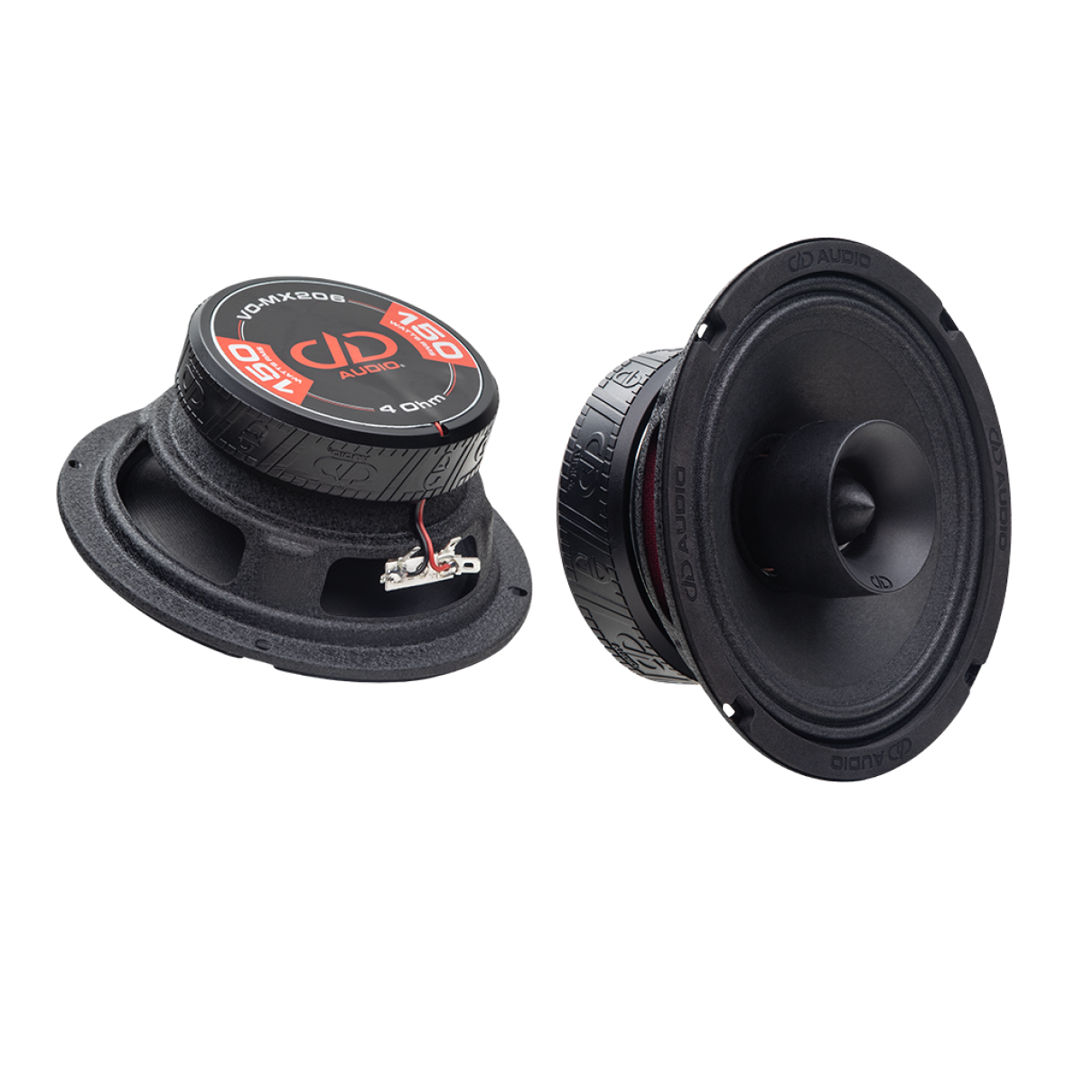 Photo of two VO-MX206s; one angled bottom up, to show the frame, motor, boot and backplate sticker - "VO-MX206, 4 Ohm, 150 Watts RMS, DD AUDIO"; the other angled to show cone, dustcap, and part of motor
