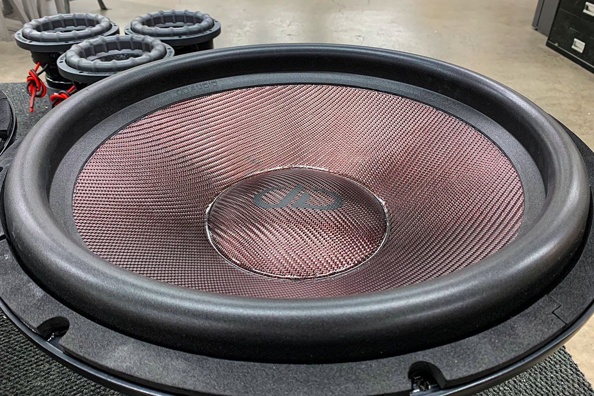 made in usa 21 inch 9900 subwoofer with ruby red composite cone and dust cap with flat black DD logo