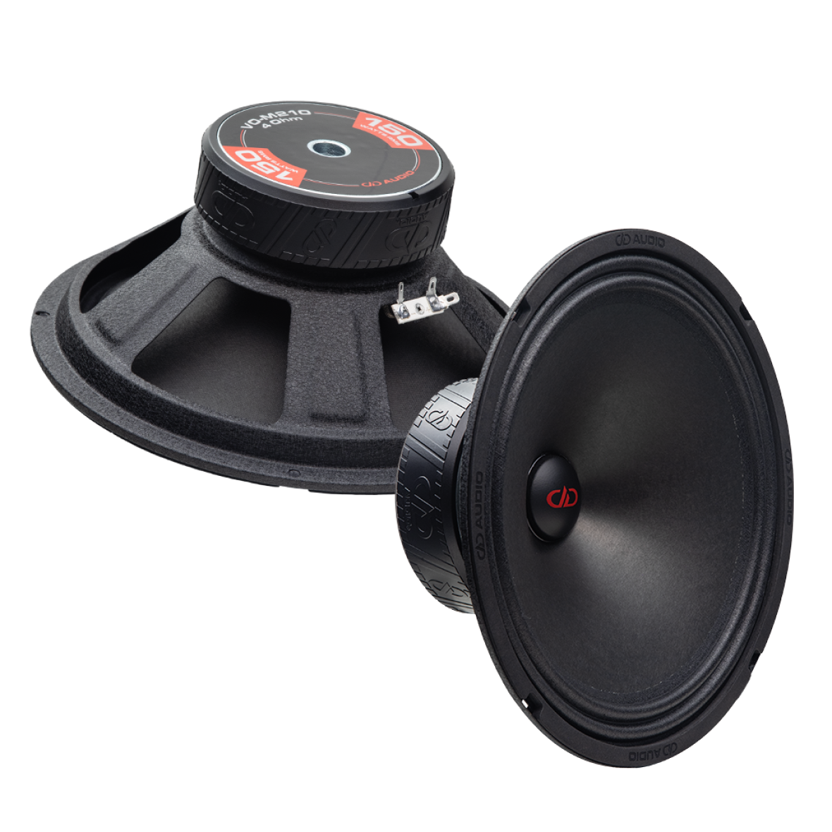 Photo of two VO-M210s; one angled bottom up, to show the frame, motor, boot and backplate sticker - "VO-M210, 4 Ohm, 150 Watts RMS, DD AUDIO"; the other angled to show cone, dustcap, and part of motor
