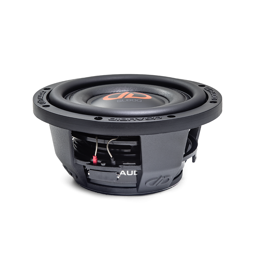 8 inch SL Slim Series Subwoofer with motor flat on surface, slightly angled showing surround cone and dust cap and logo