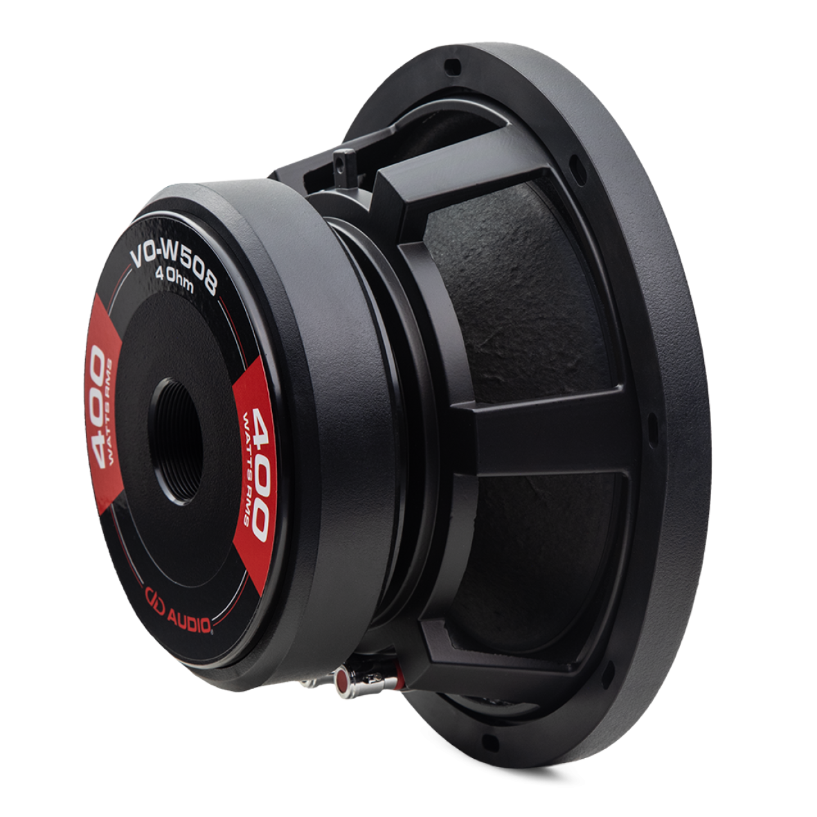 Photo of VO-W508 shot from back to front showing motor with plate sticker, frame and back side of cone