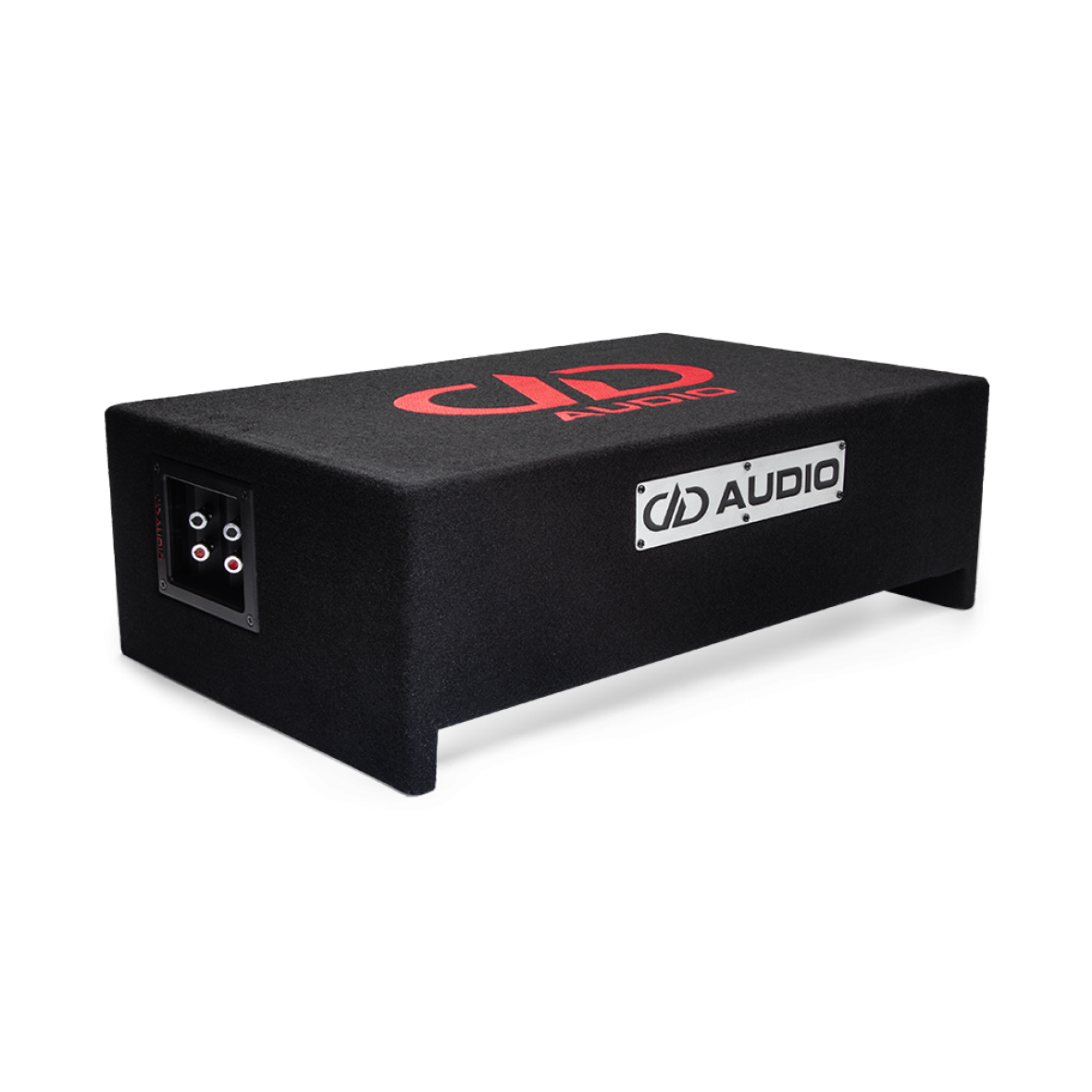 Photo of LE-DF-LS610.1 Loaded Enclosure on side to show slim profile, and metal DD AUDIO logo plate with embroidered DD logo on top