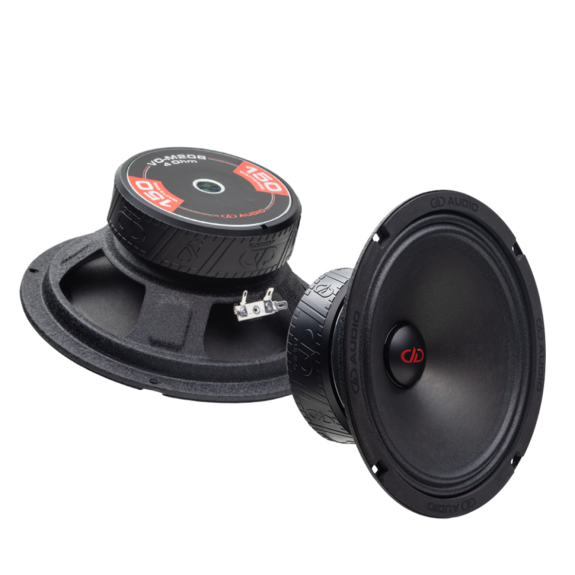 Photo of two VO-M208s; one angled bottom up, to show the frame, motor, boot and backplate sticker - "VO-M208, 4 Ohm, 150 Watts RMS, DD AUDIO"; the other angled to show cone, dustcap, and part of motor