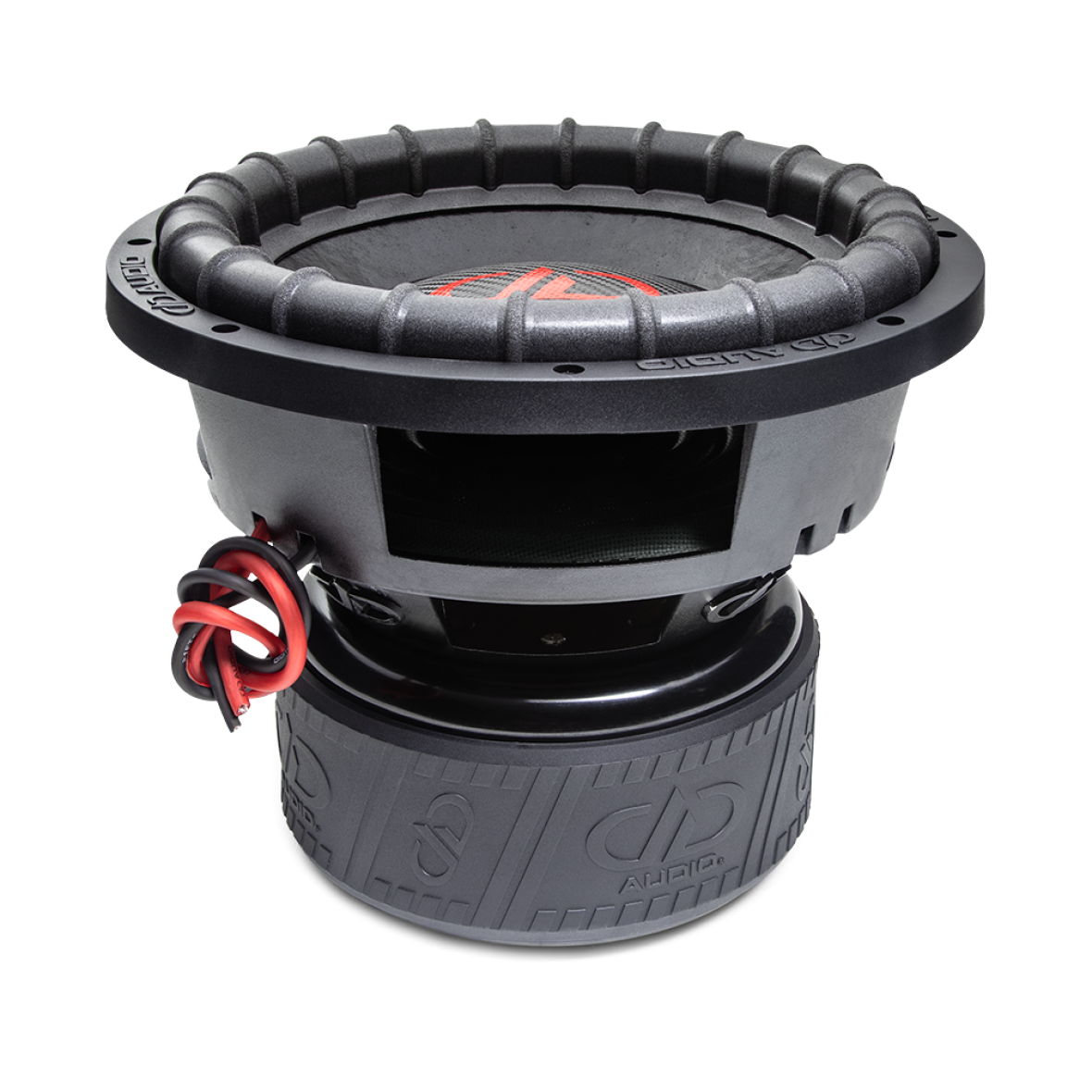 9512L - 12 Inch, 9500 Series Subwoofer - Photo angled top to bottom showing surround, part of dustcap and cone, basket and motor boot with trademark DD AUDIO logo adorning.