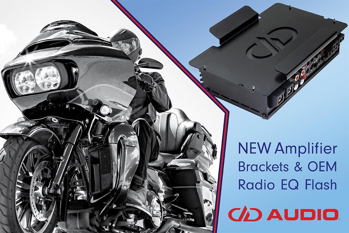 Graphic showing Photo of Harley and Amplifier with Bracket. Text included says NEW Amplifier Brackets & OEM Radio EQ Flash