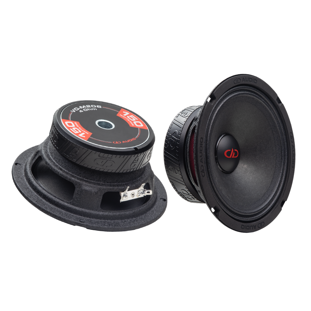 Photo of two VO-M206s; one angled bottom up, to show the frame, motor, boot and backplate sticker - "VO-M206, 4 Ohm, 150 Watts RMS, DD AUDIO"; the other angled to show cone, dustcap, and part of motor