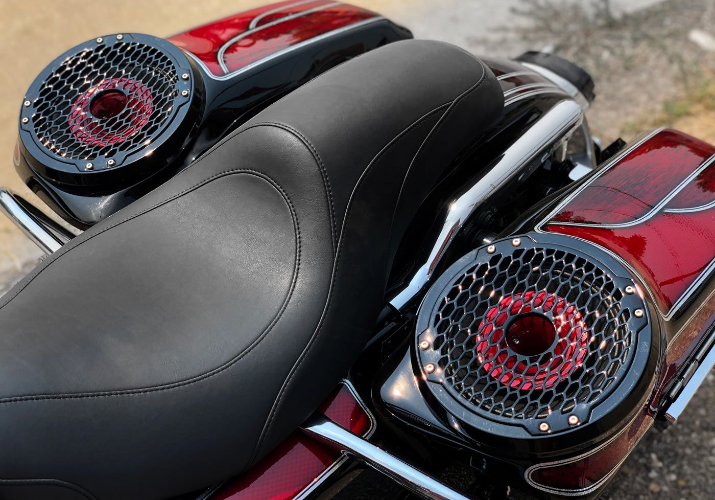 superior motorcycle audio with VO-W speakers with horn in saddle bags