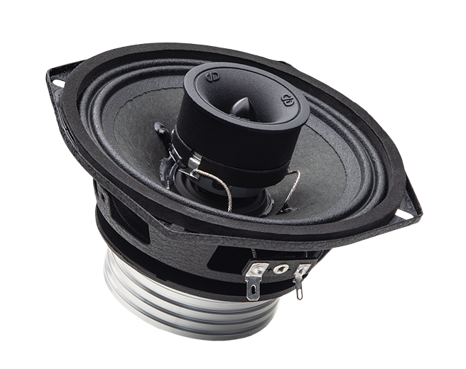 Photo of VO-XN305 5.25 neo coaxial speaker angled up to show part of motor, cone and tweeter