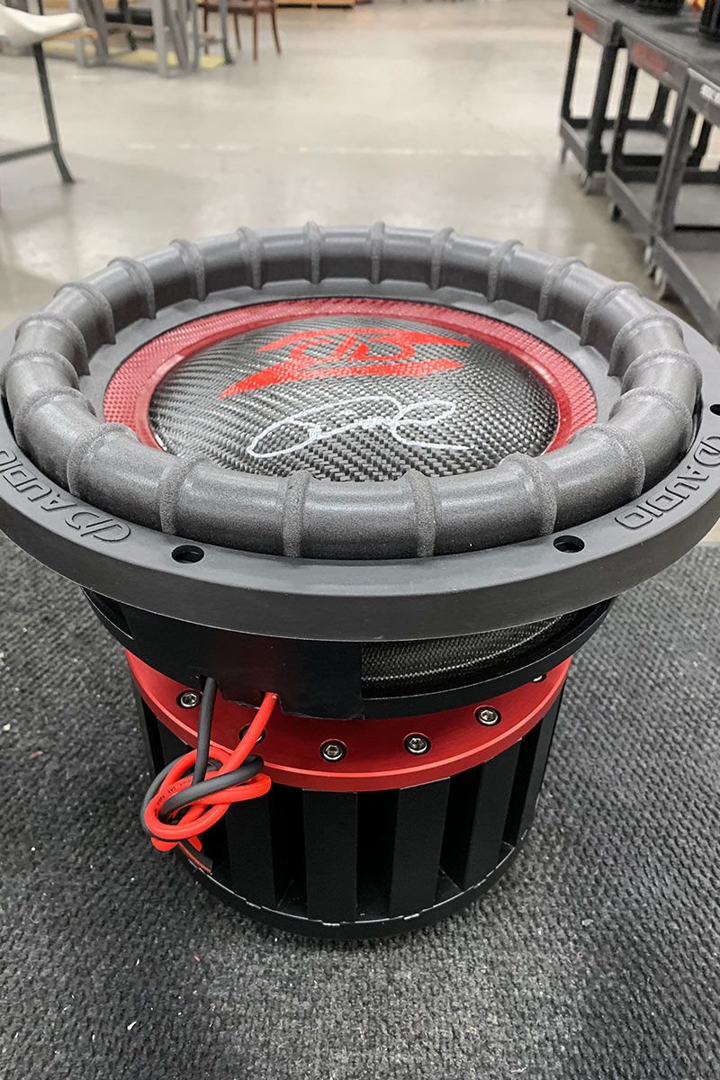12 inch ddz4 made in usa neo subwoofer with red composite cone and black carbon fiber dust cap and red ddz logo with silver signature
