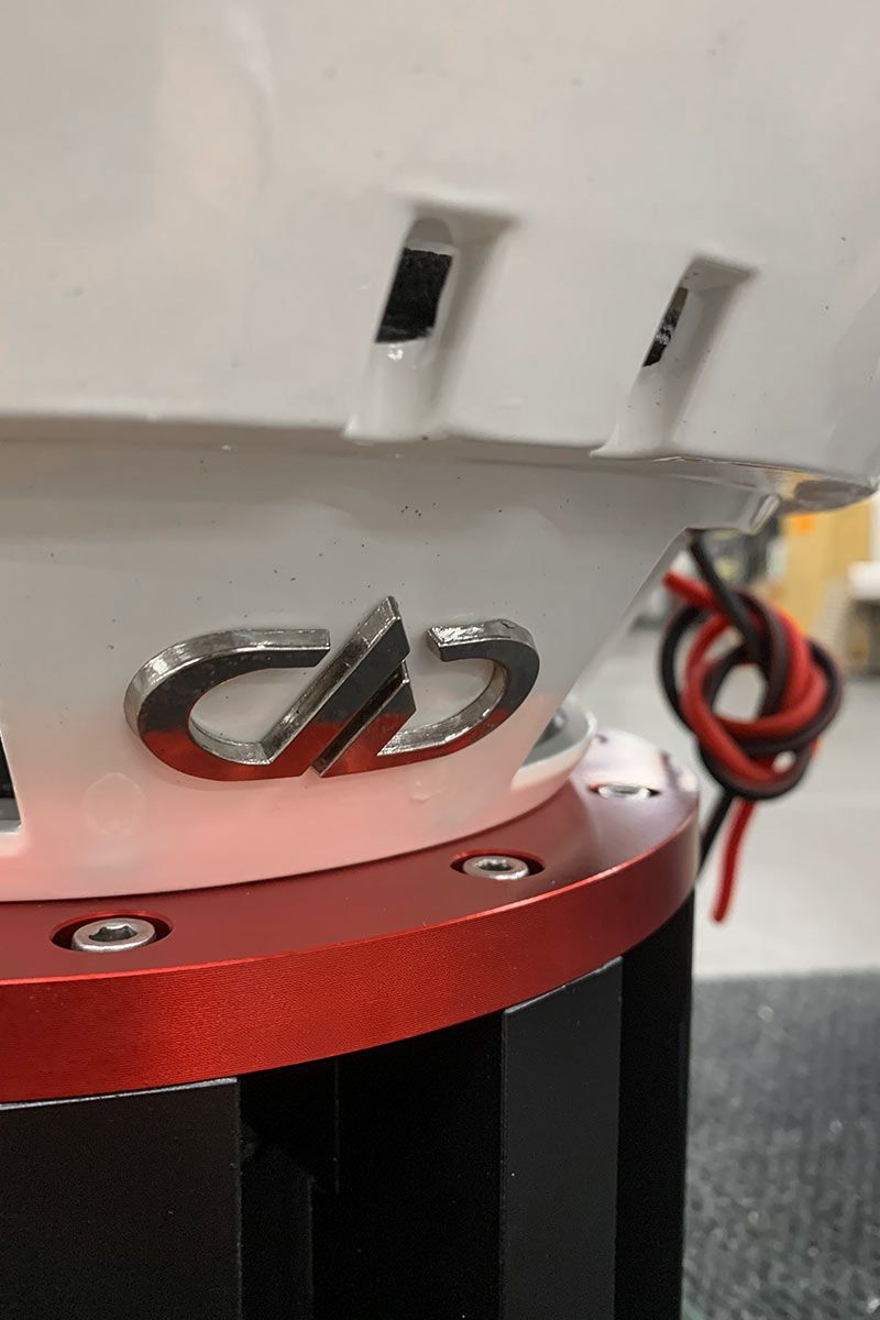 made in usa subwoofer with white powder coated frame and chrome silver DD logo