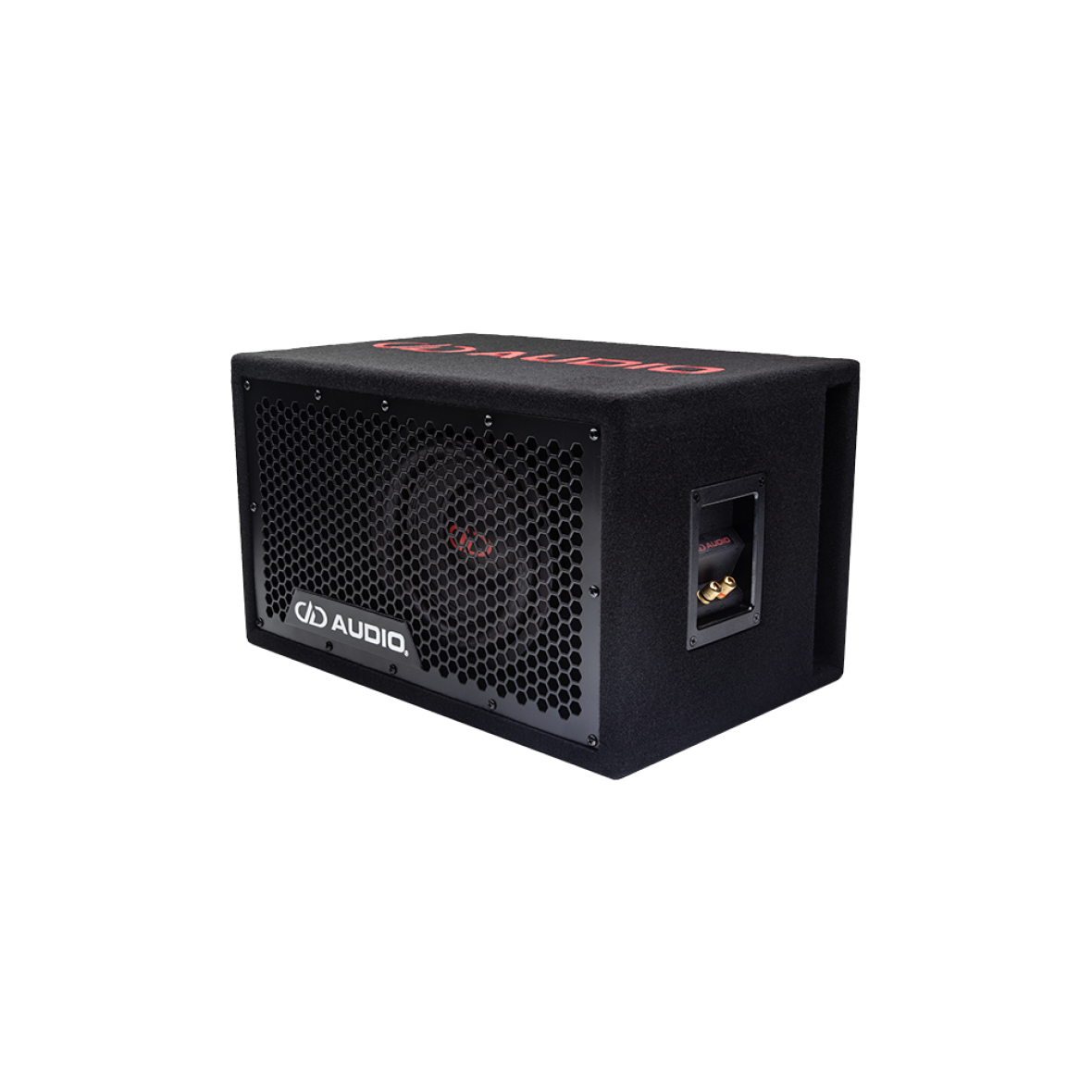 LE-508.1a Photo showing enclosure loaded with a single 508e 8 inch subwoofer angled to show logo on top, full grill, connection and port