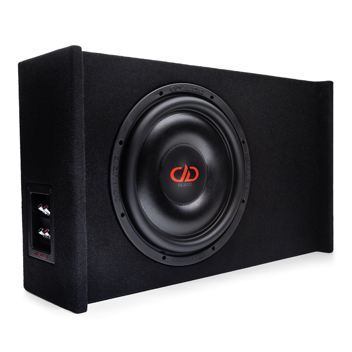 Photo of LE-DF-LS612.1 Loaded Enclosure facing front to show SL610 subwoofer in box with connection panel on side