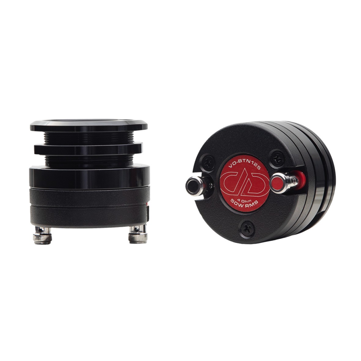 Photo of VO-BTN125 pair - one angled top to bottom showing entire profile, the other angled back to front showing DD logo, connection terminals and motor housing