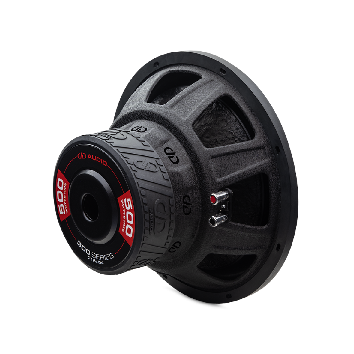 Photo of 12 inch 300 series subwoofer angled back to right to show motor, basket, and cone
