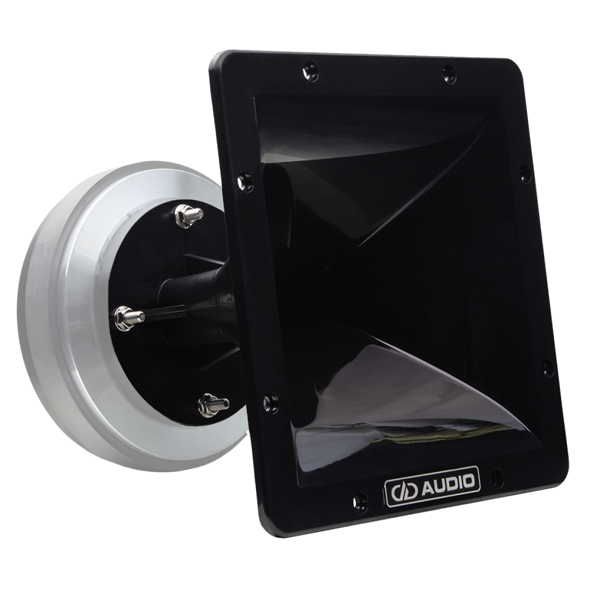 Photo of VO-CT8x8 horn with VO-CT75 attached (not included) angled slightly to show mostly horn opening adorned with DD AUDIO logo