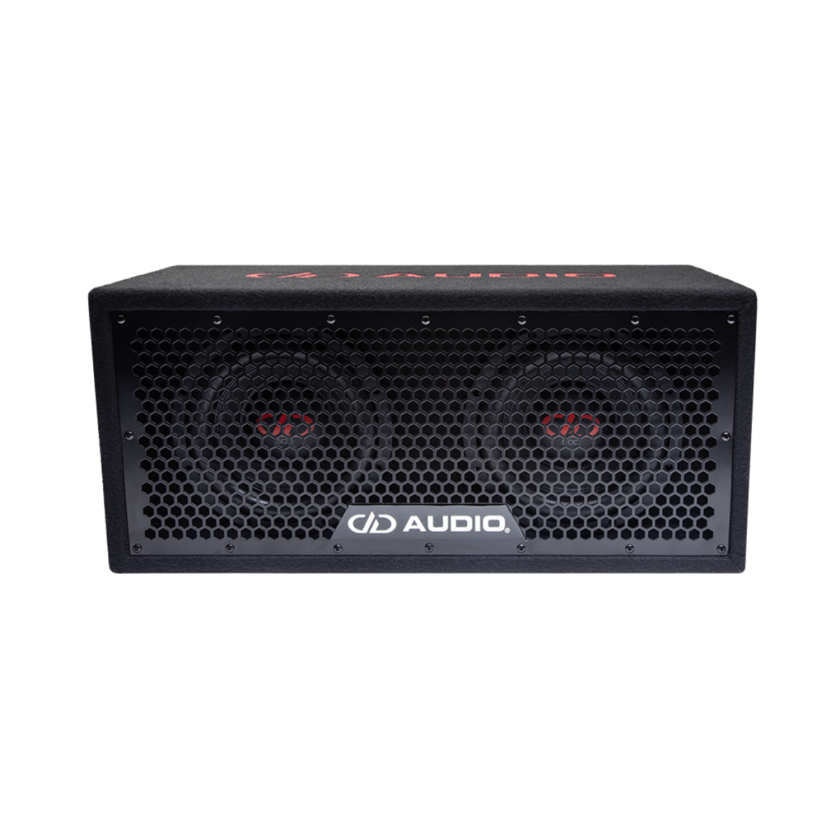 Photo of LE-508.2 Front Facing to show full hex grill, DD logo badge, embroidered top logo, and the two 508e subwoofers